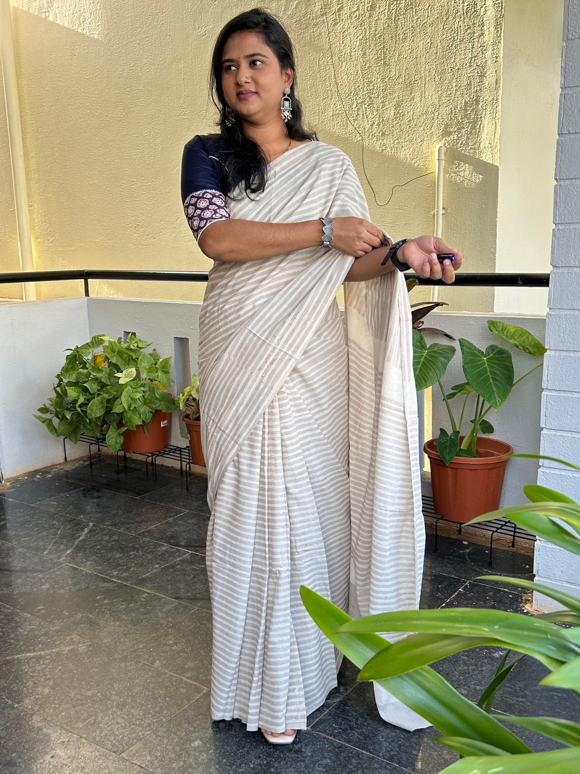 Grey handblock mul cotton saree