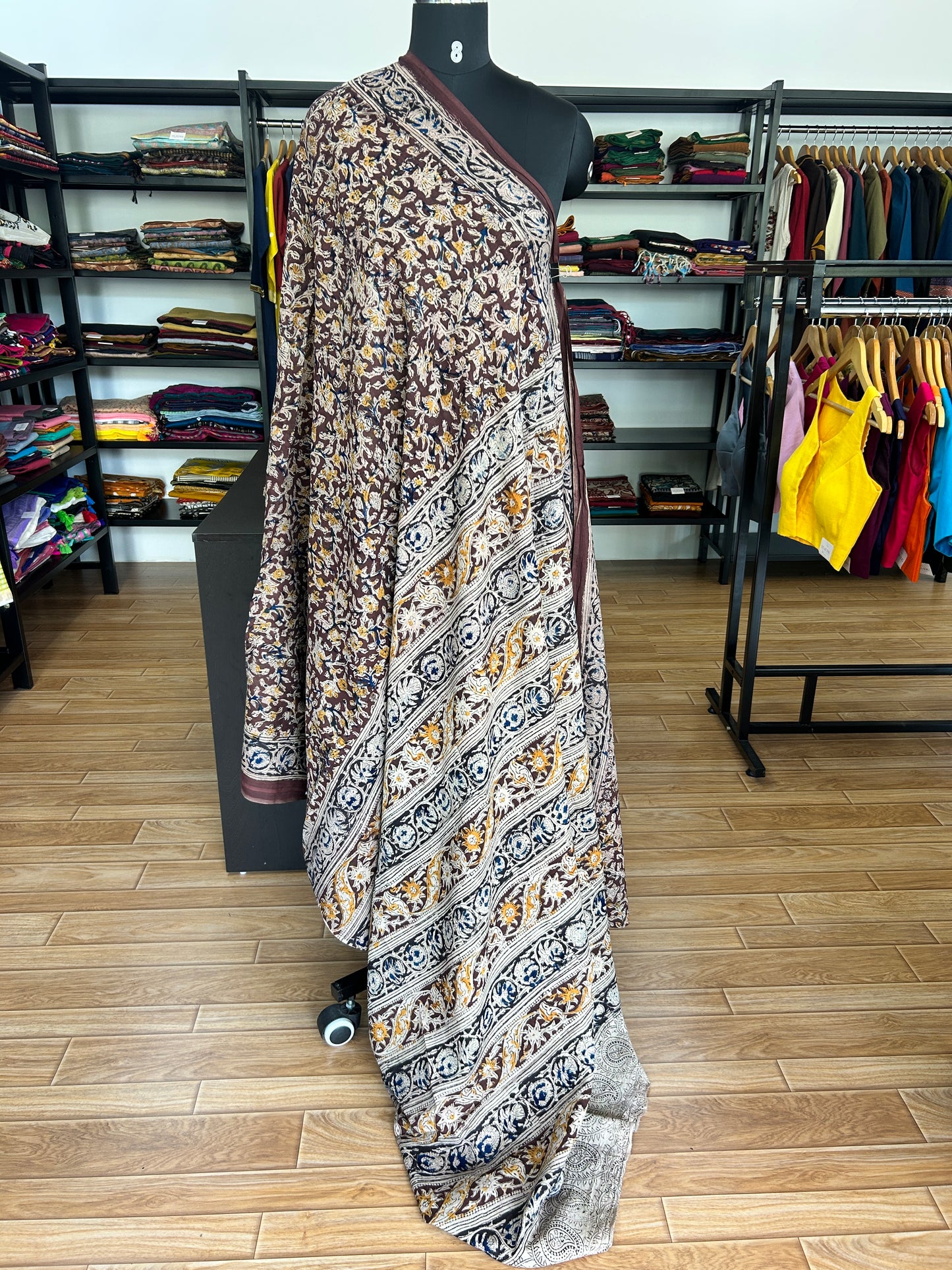 Brown kalamkari mul saree