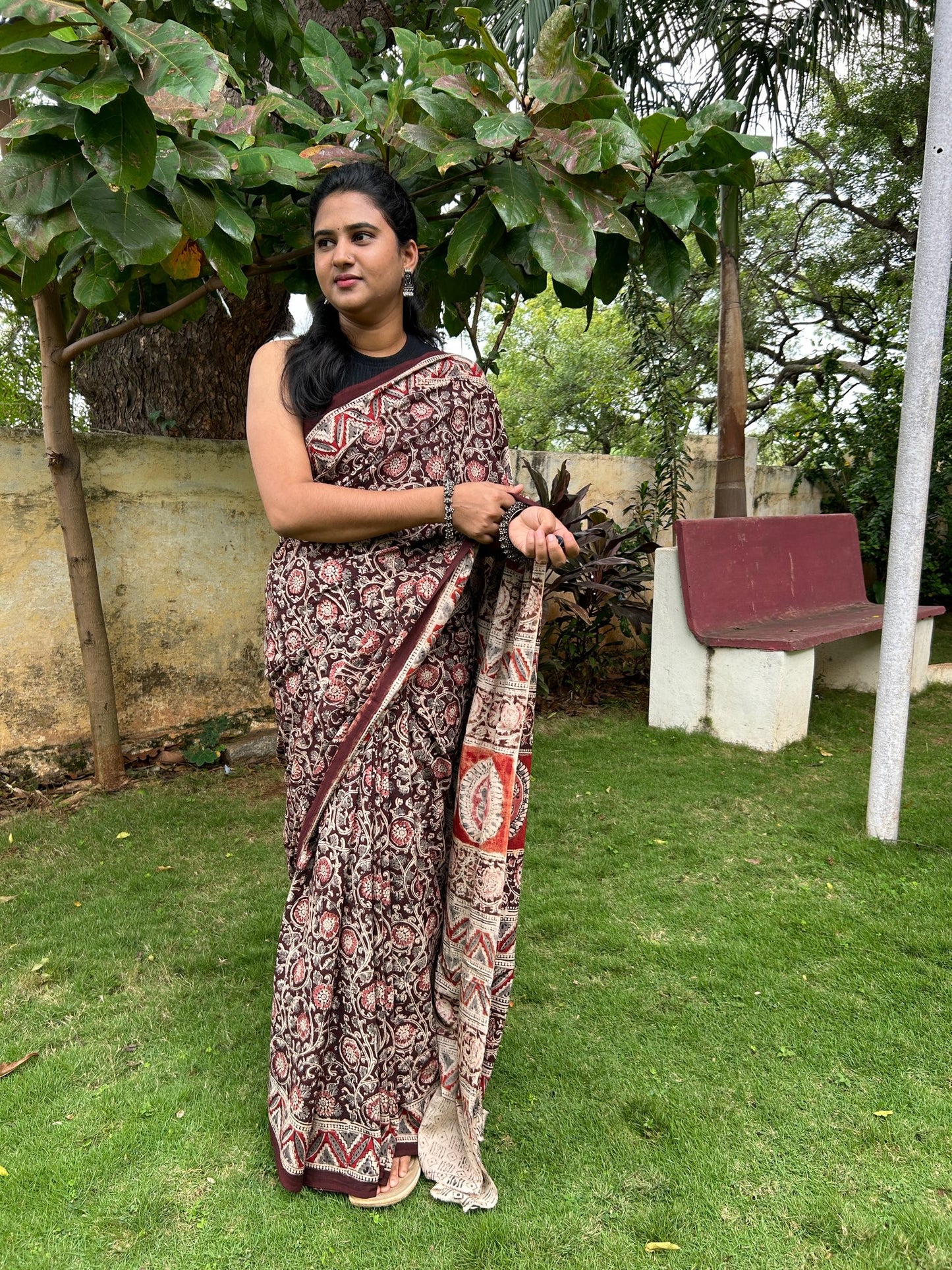 Brown kalamkari mul saree