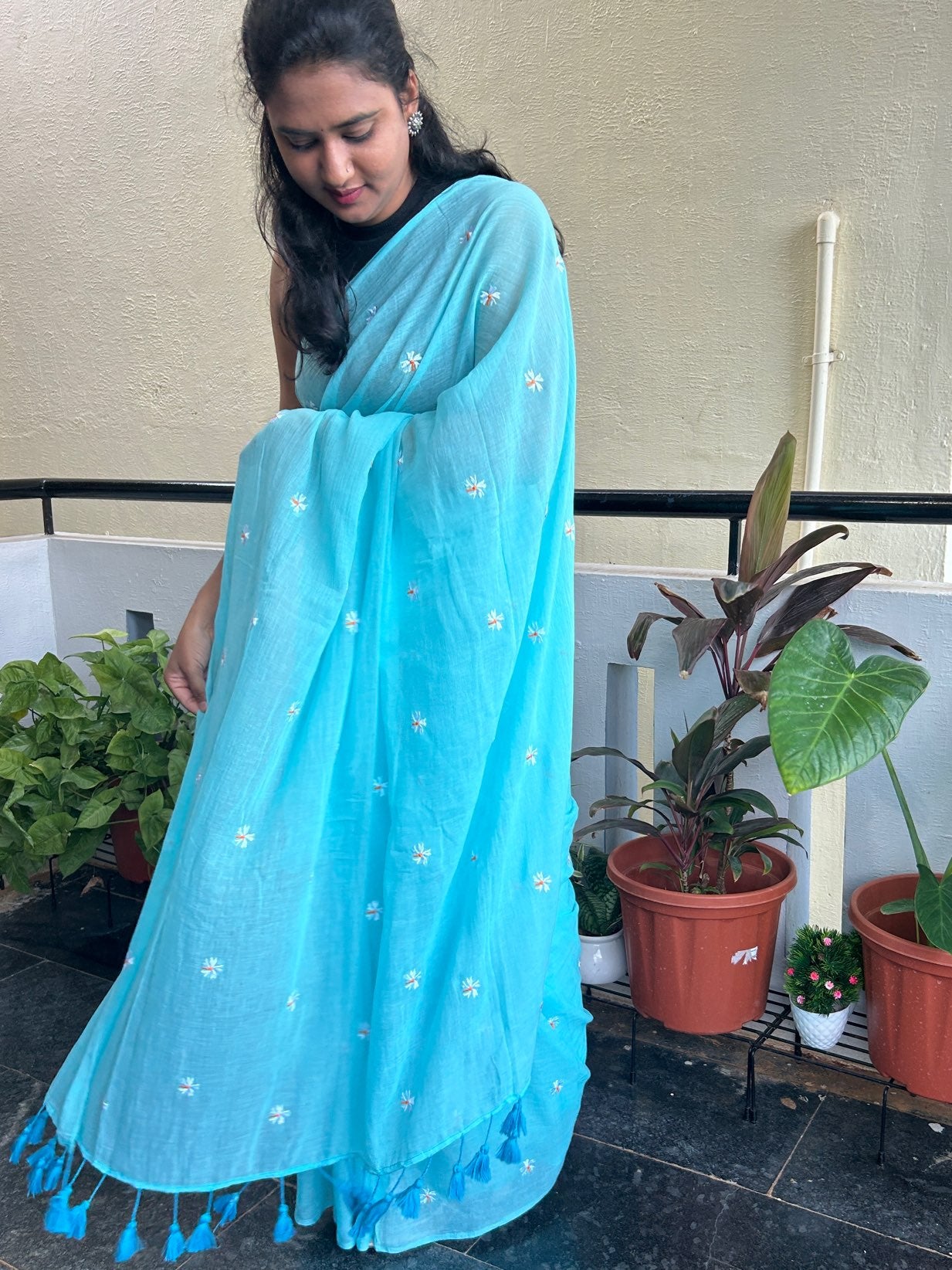 BLUE EMBROIDERY MUL SAREE