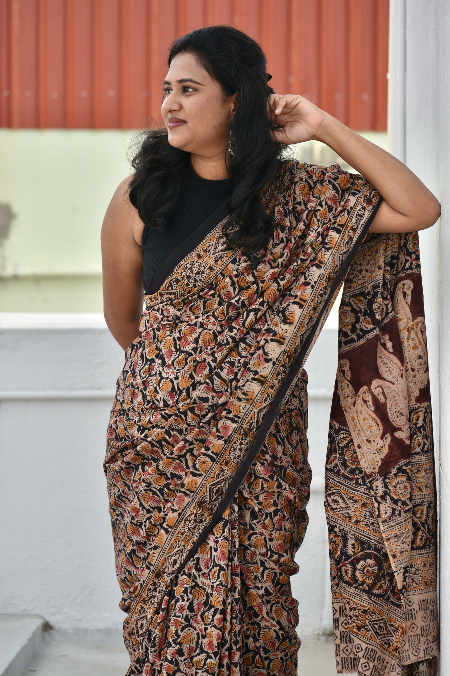 Black kalamkari mul saree