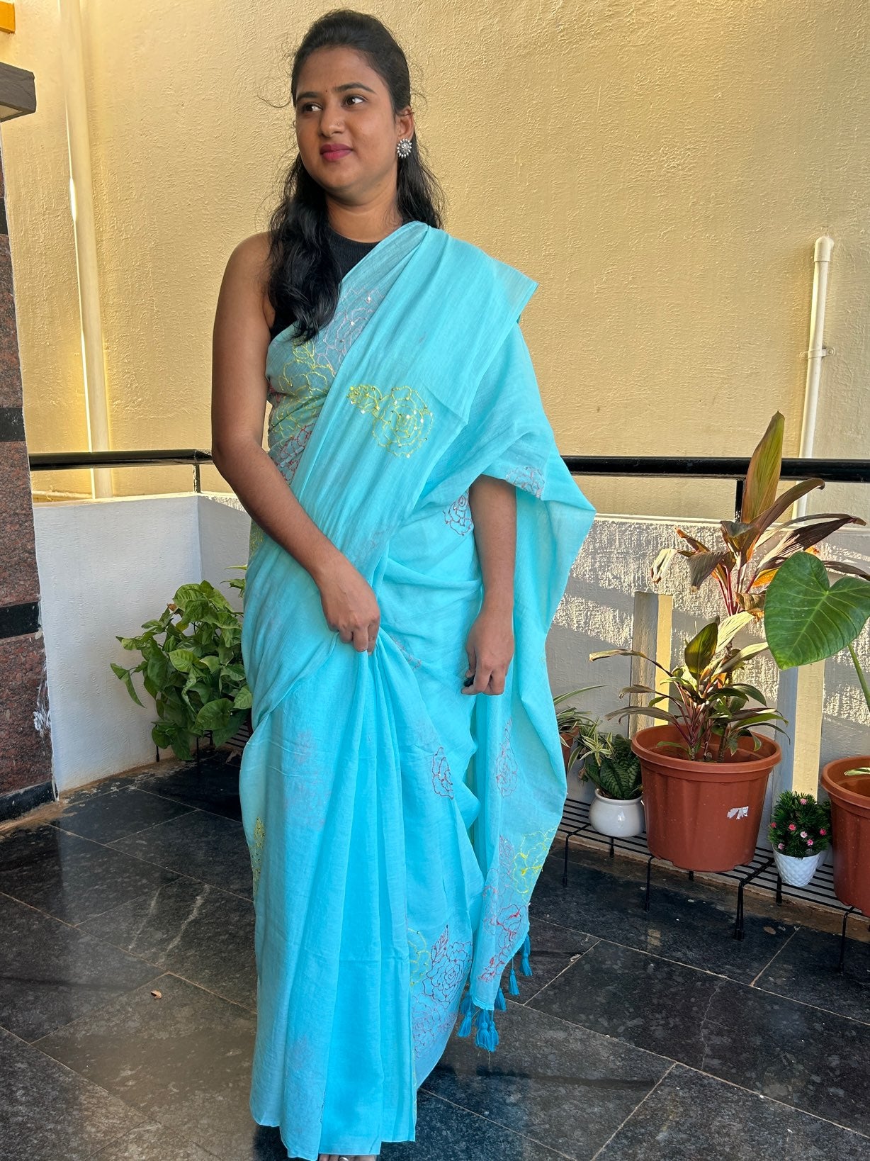 BLUE HAND EMBROIDERED MUL SAREE