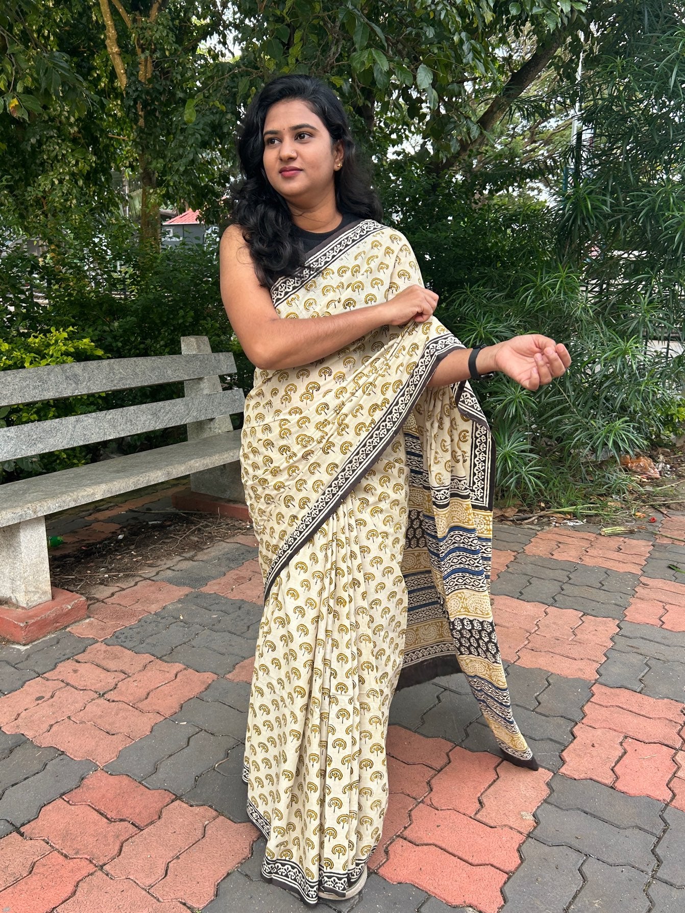 Off white handblock mulmul cotton saree