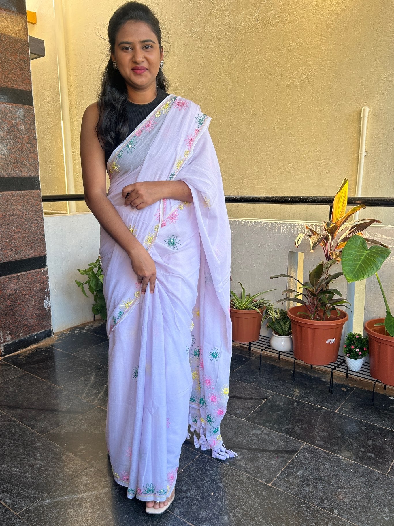 OFF WHITE HAND EMBROIDERED MUL SAREE