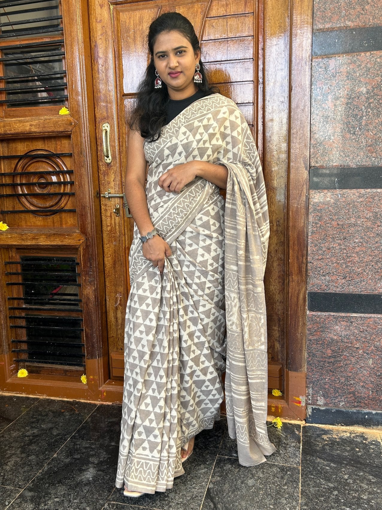 Grey handblock mul cotton saree