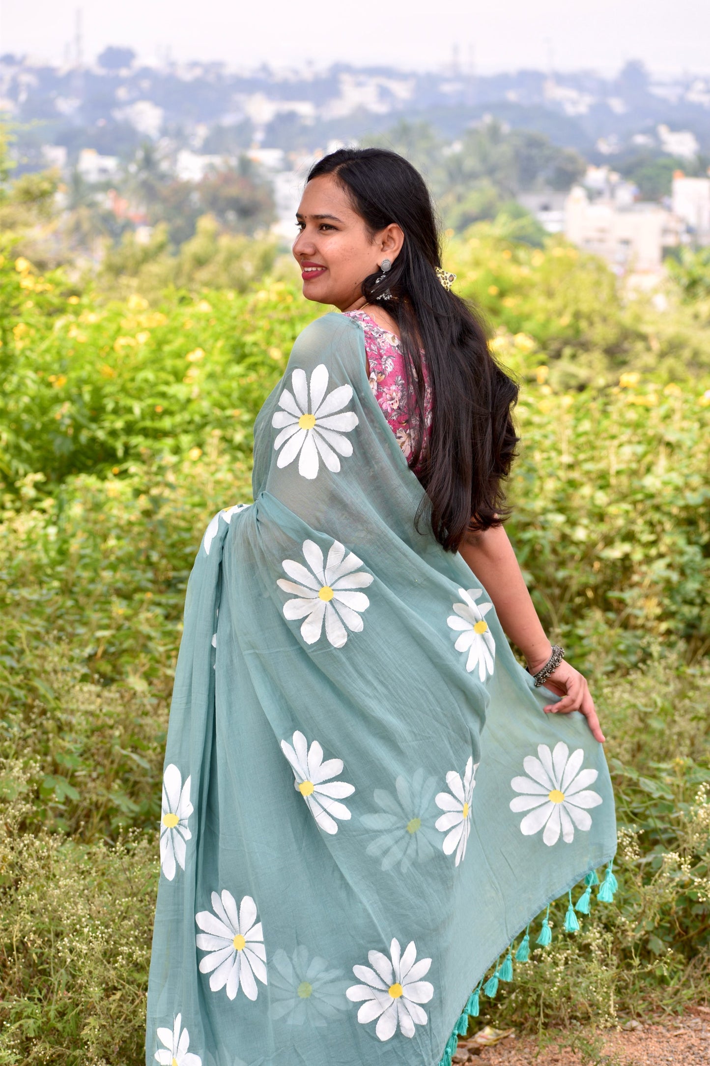 GREEN HAND PAINTED MUL SAREE