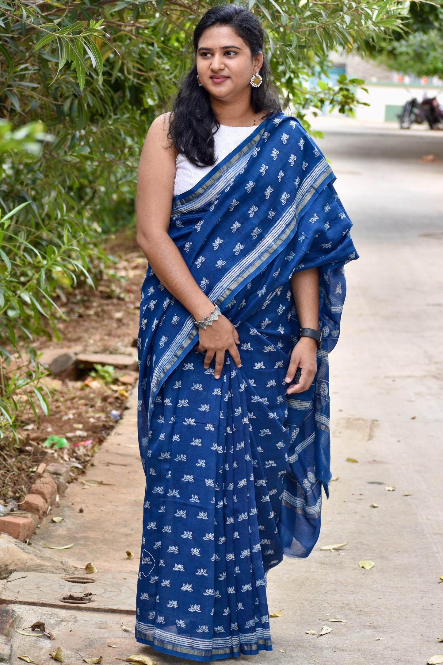 Blue dabu chanderi silk saree