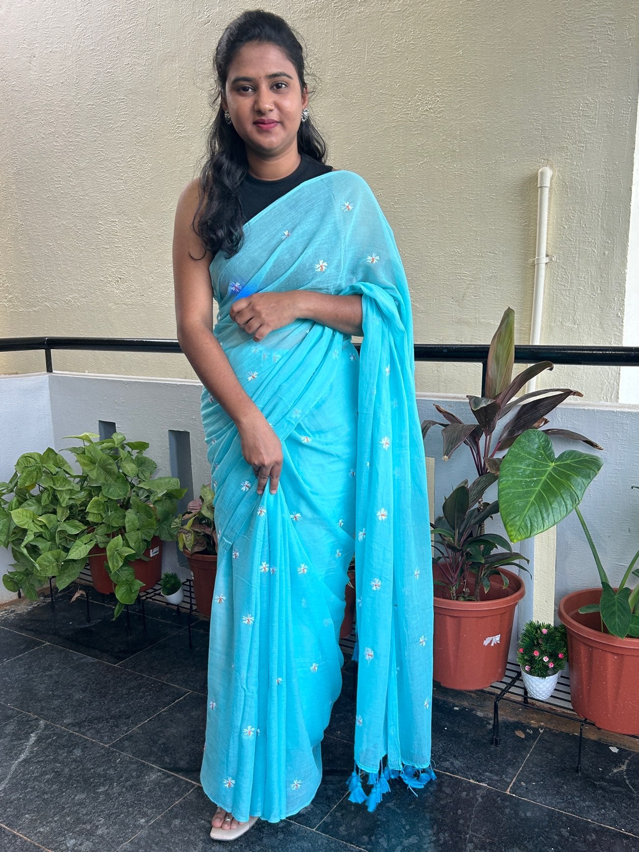 BLUE EMBROIDERY MUL SAREE