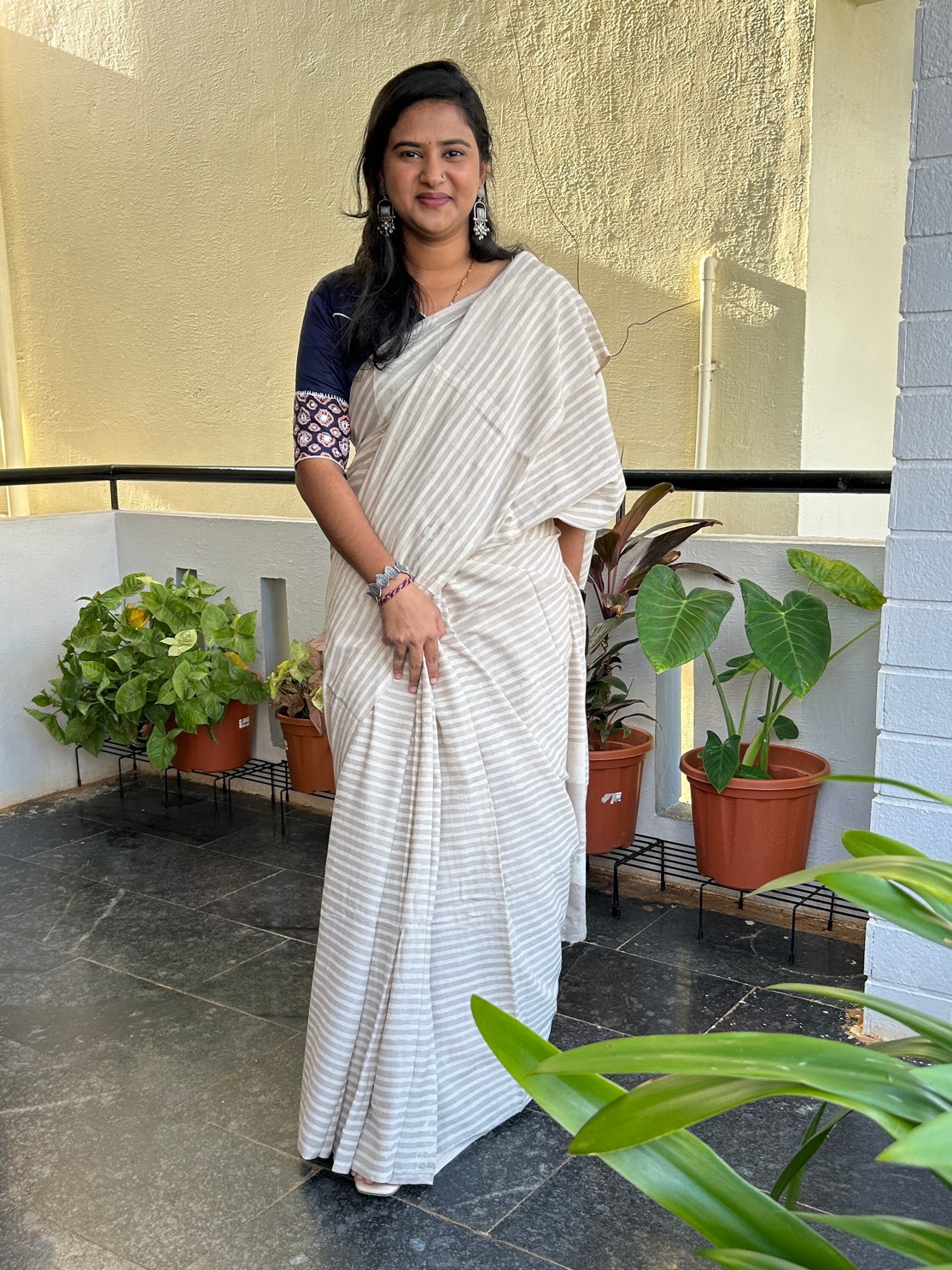 Grey handblock mul cotton saree