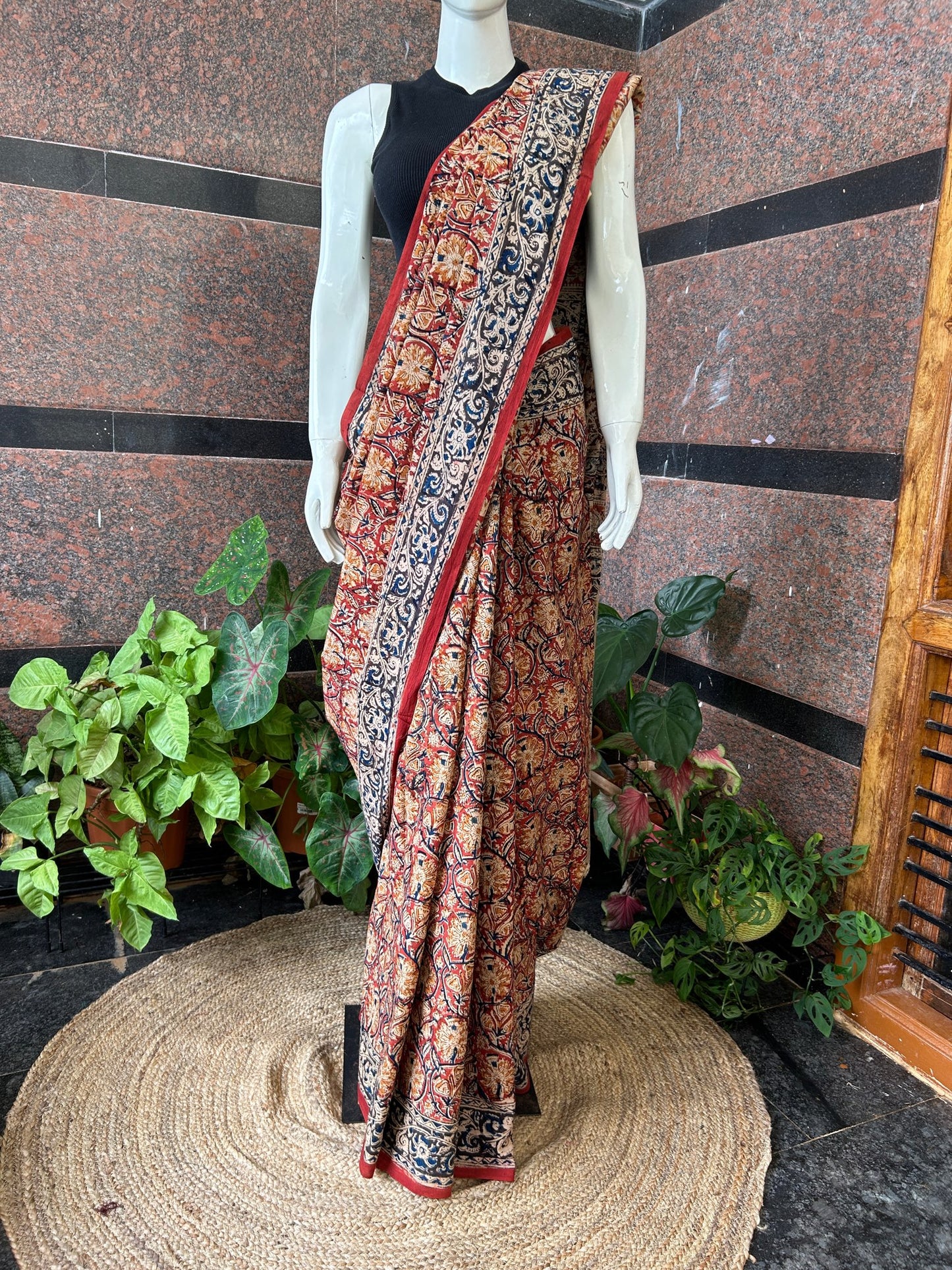 Red kalamkari mul saree