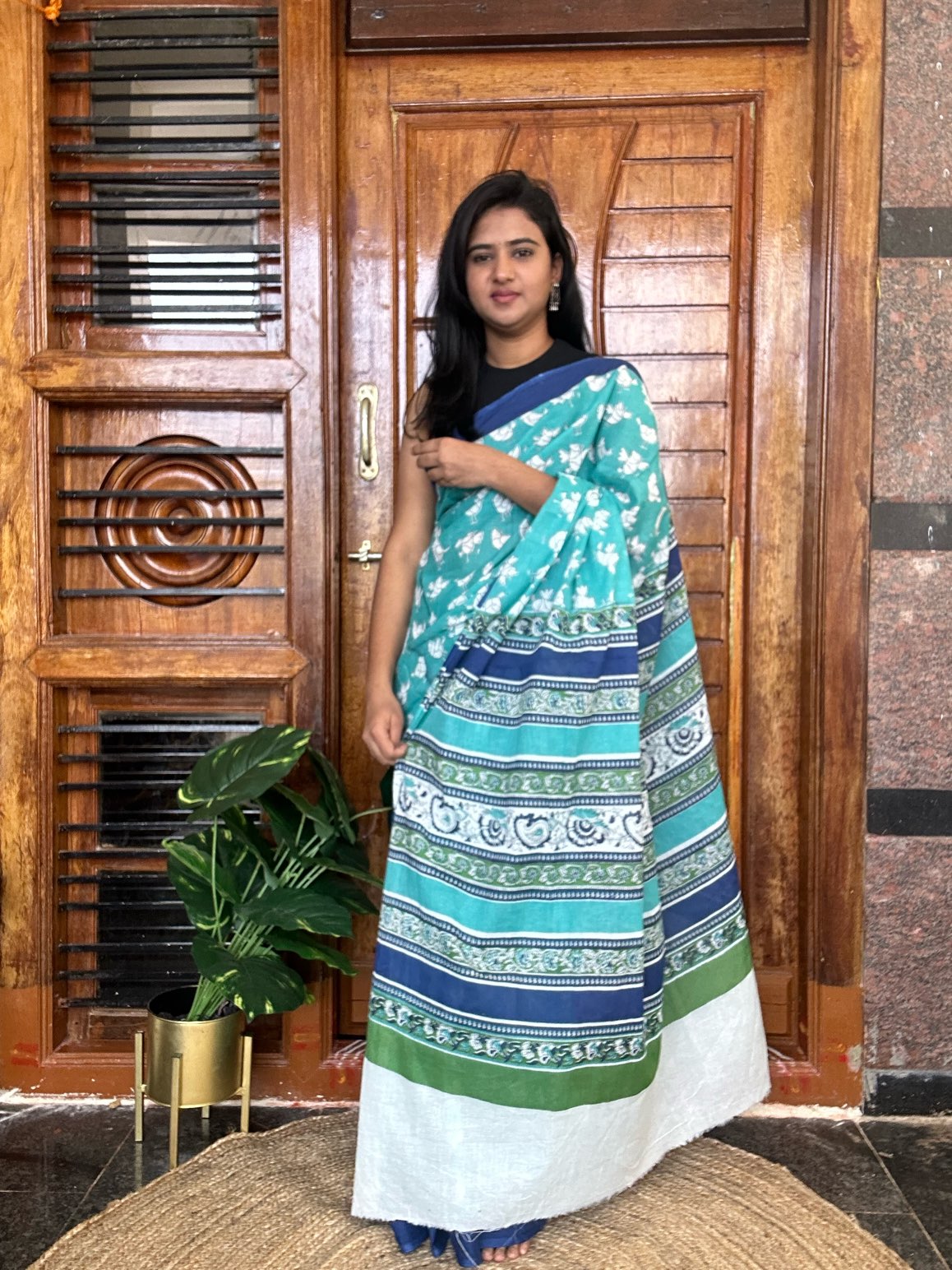 Blue mulmul cotton saree