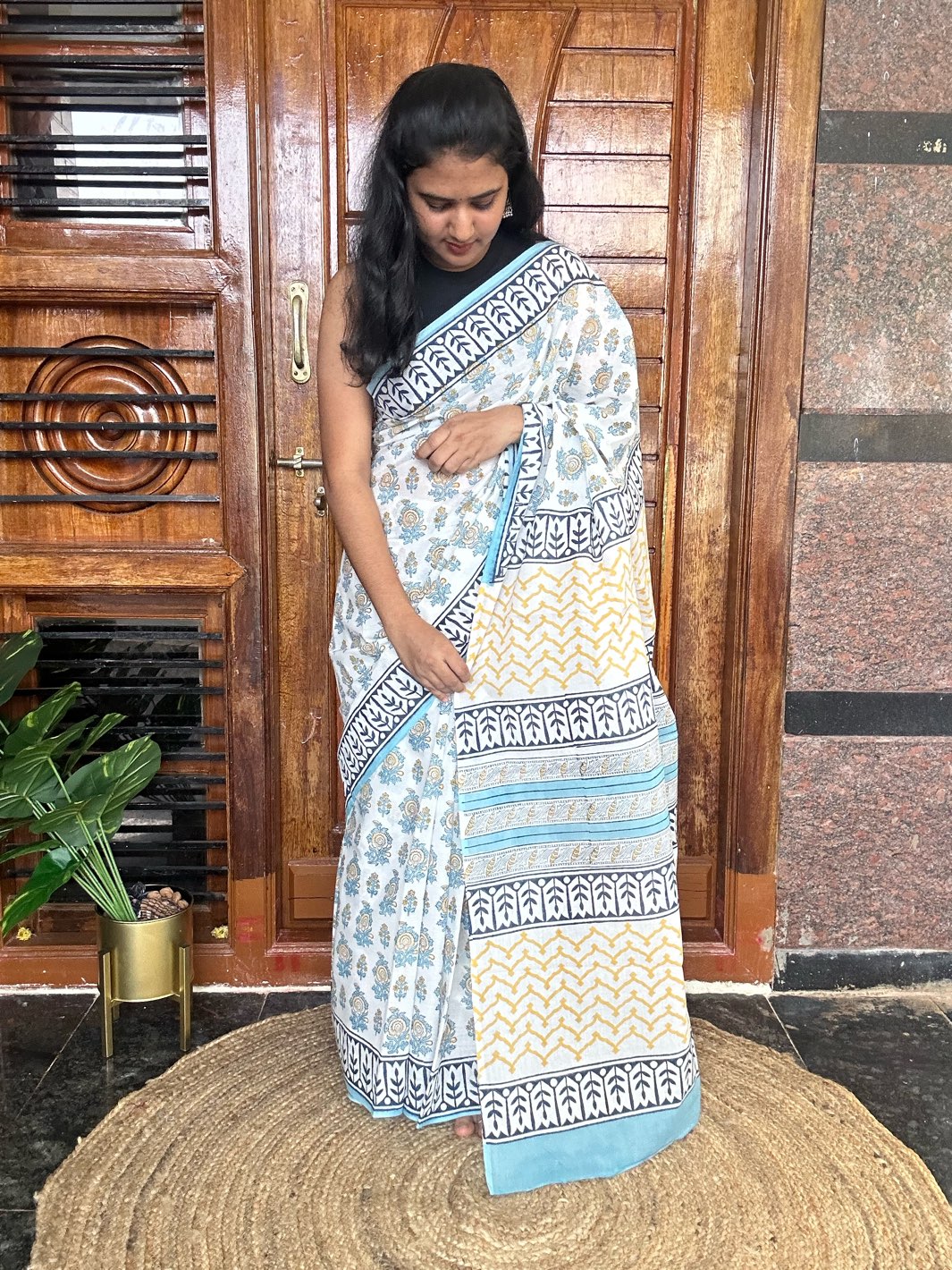 White handblock mulmul cotton saree