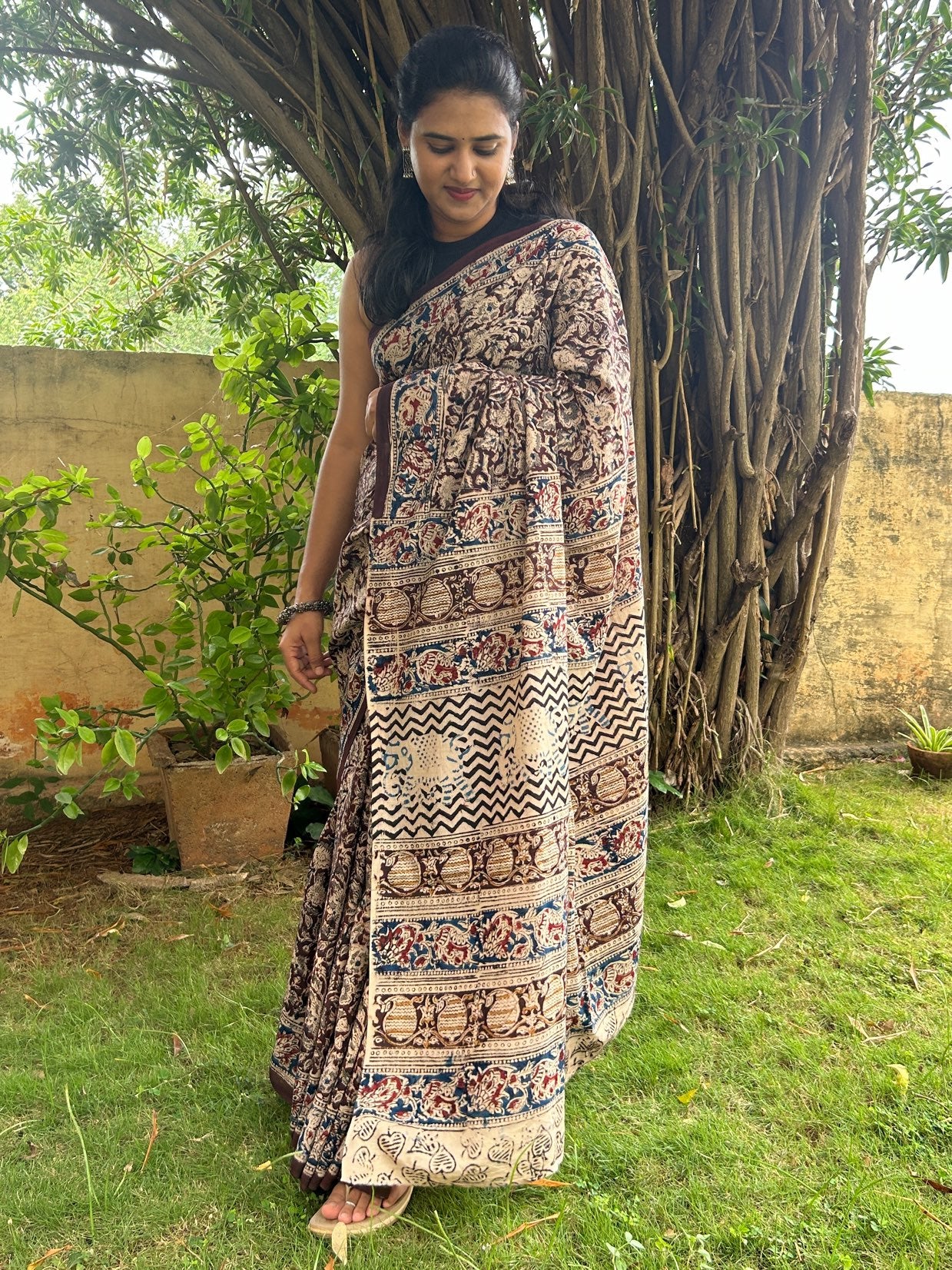 Brown kalamkari mul saree