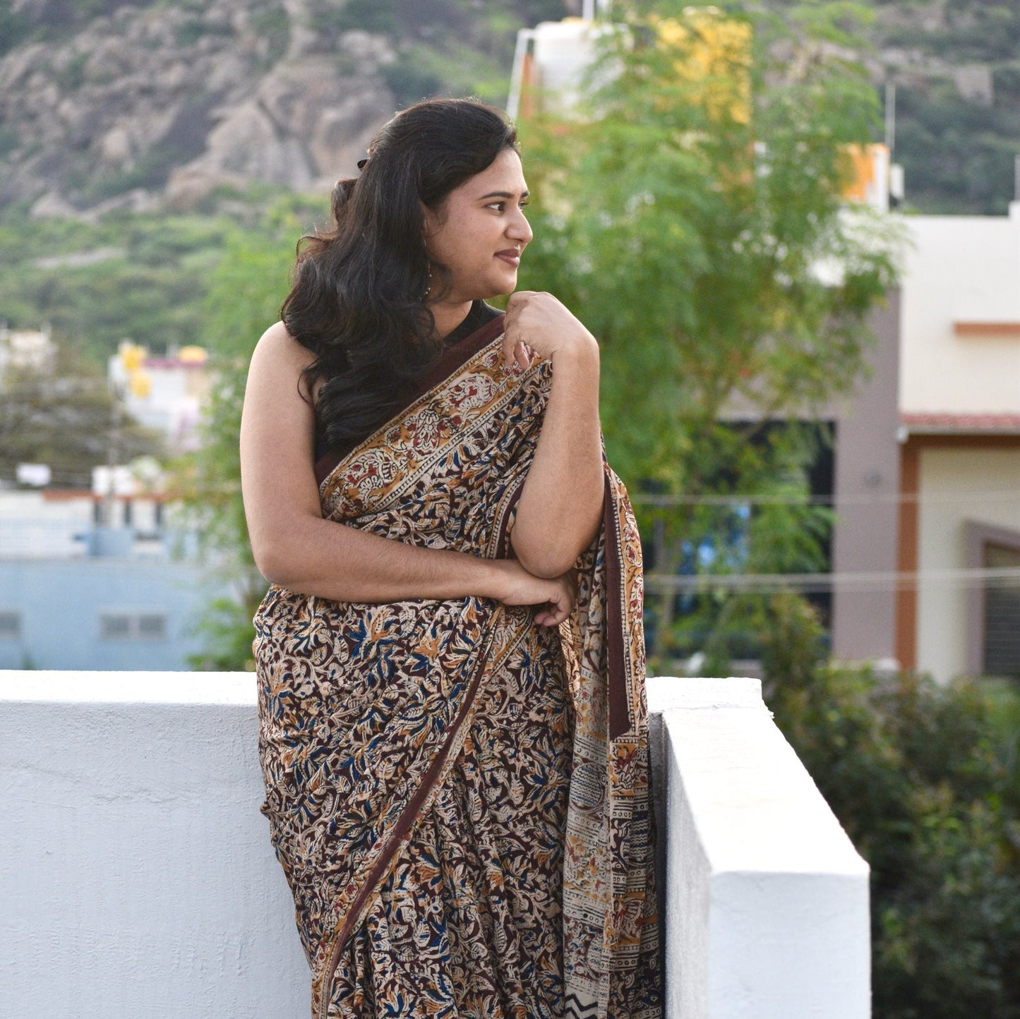 Brown kalamkari mul saree