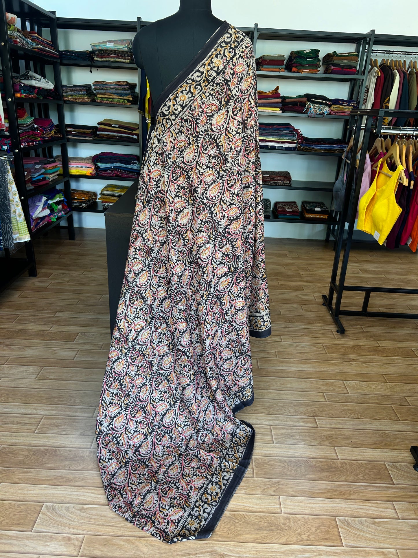 Black kalamkari mul saree