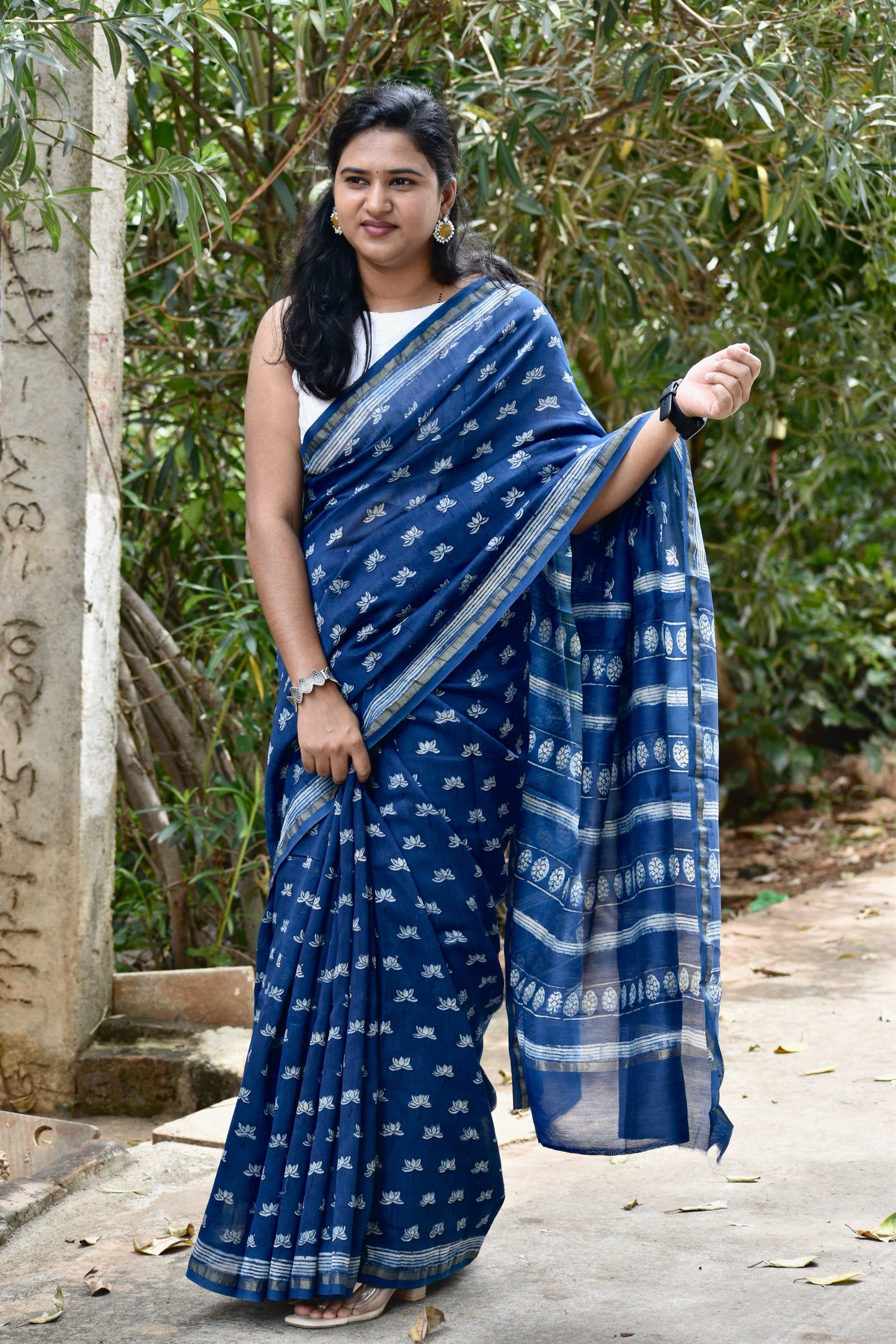 Blue dabu chanderi silk saree