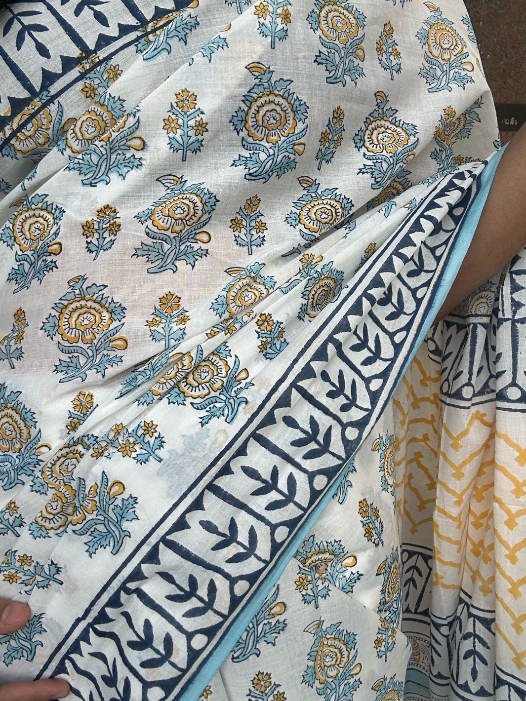 White handblock mulmul cotton saree