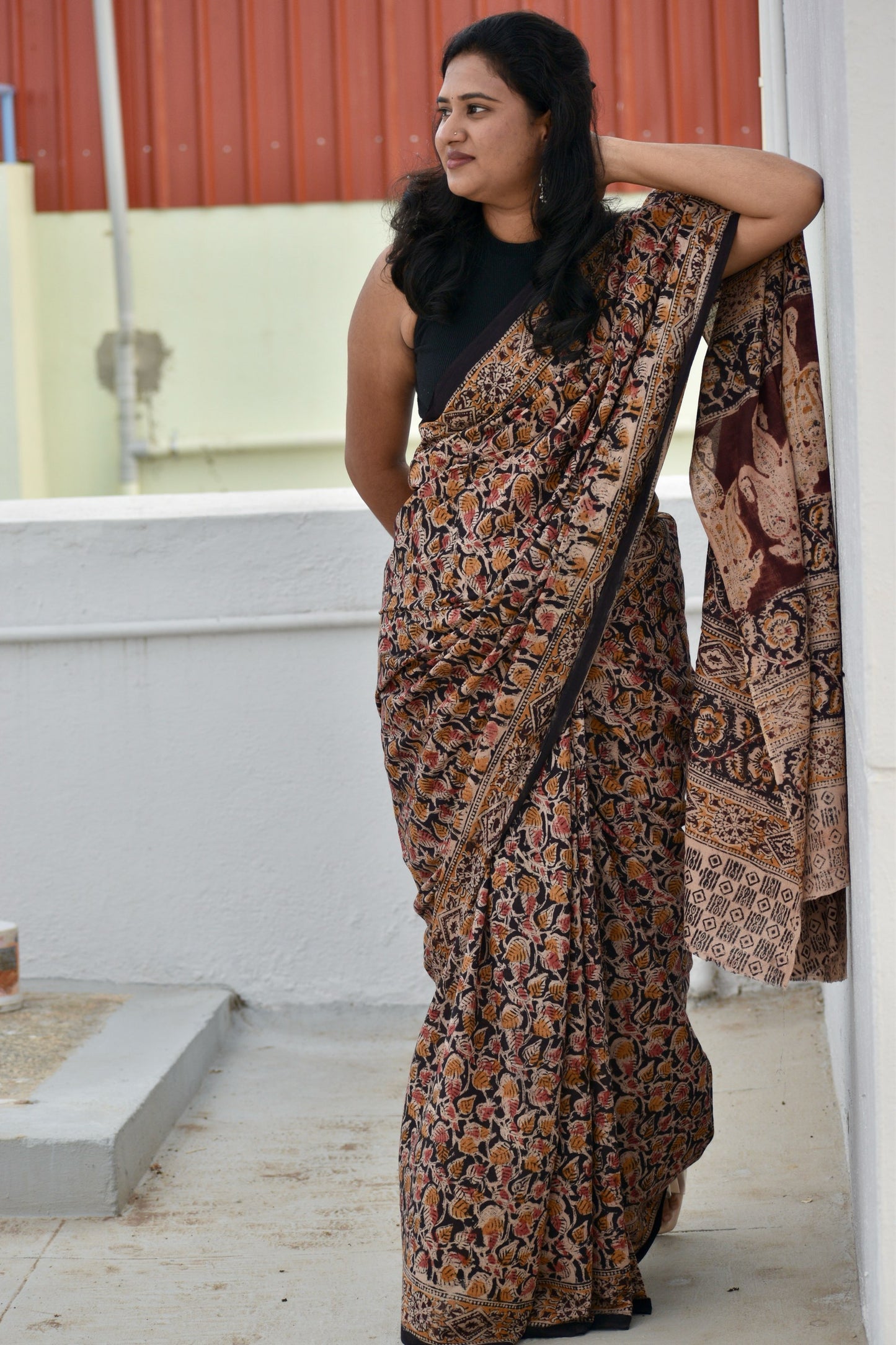 Black kalamkari mul saree