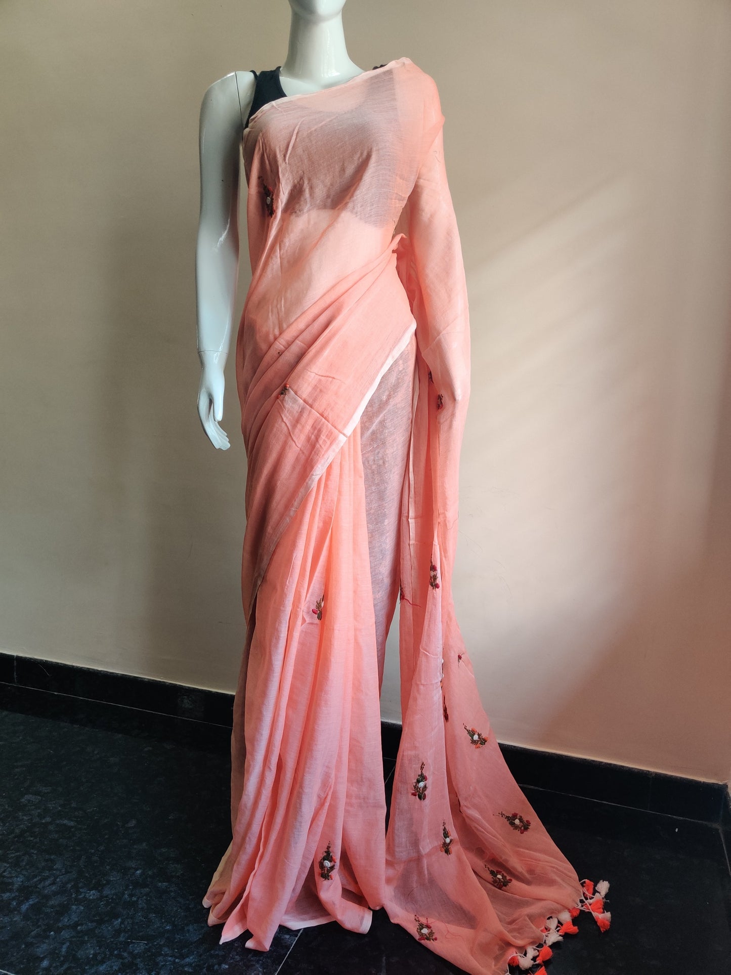 PINK HAND EMBROIDERED MUL SAREE