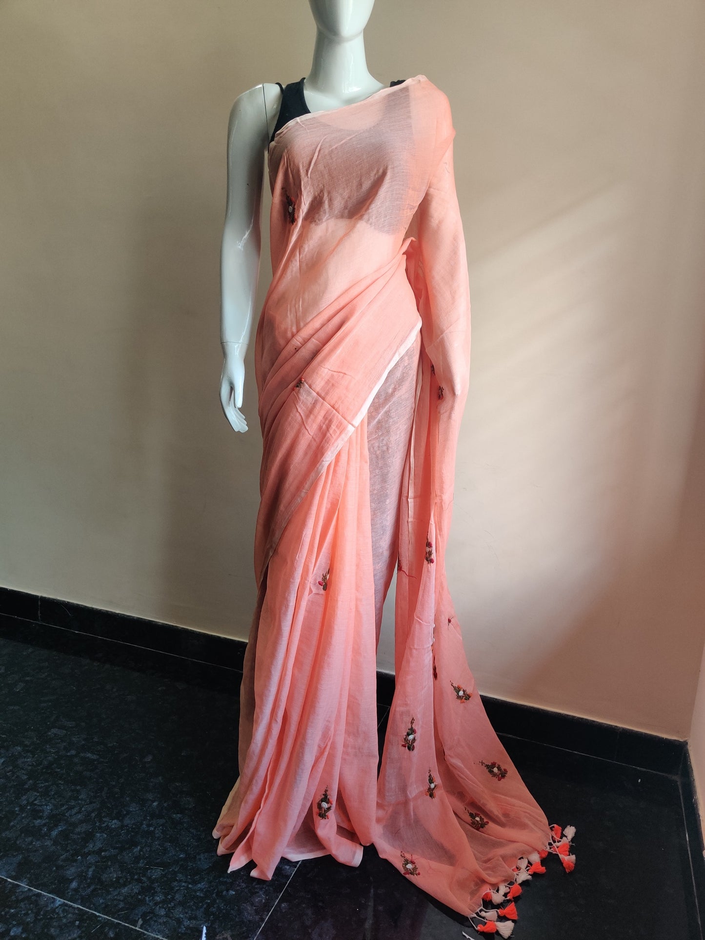 PINK HAND EMBROIDERED MUL SAREE