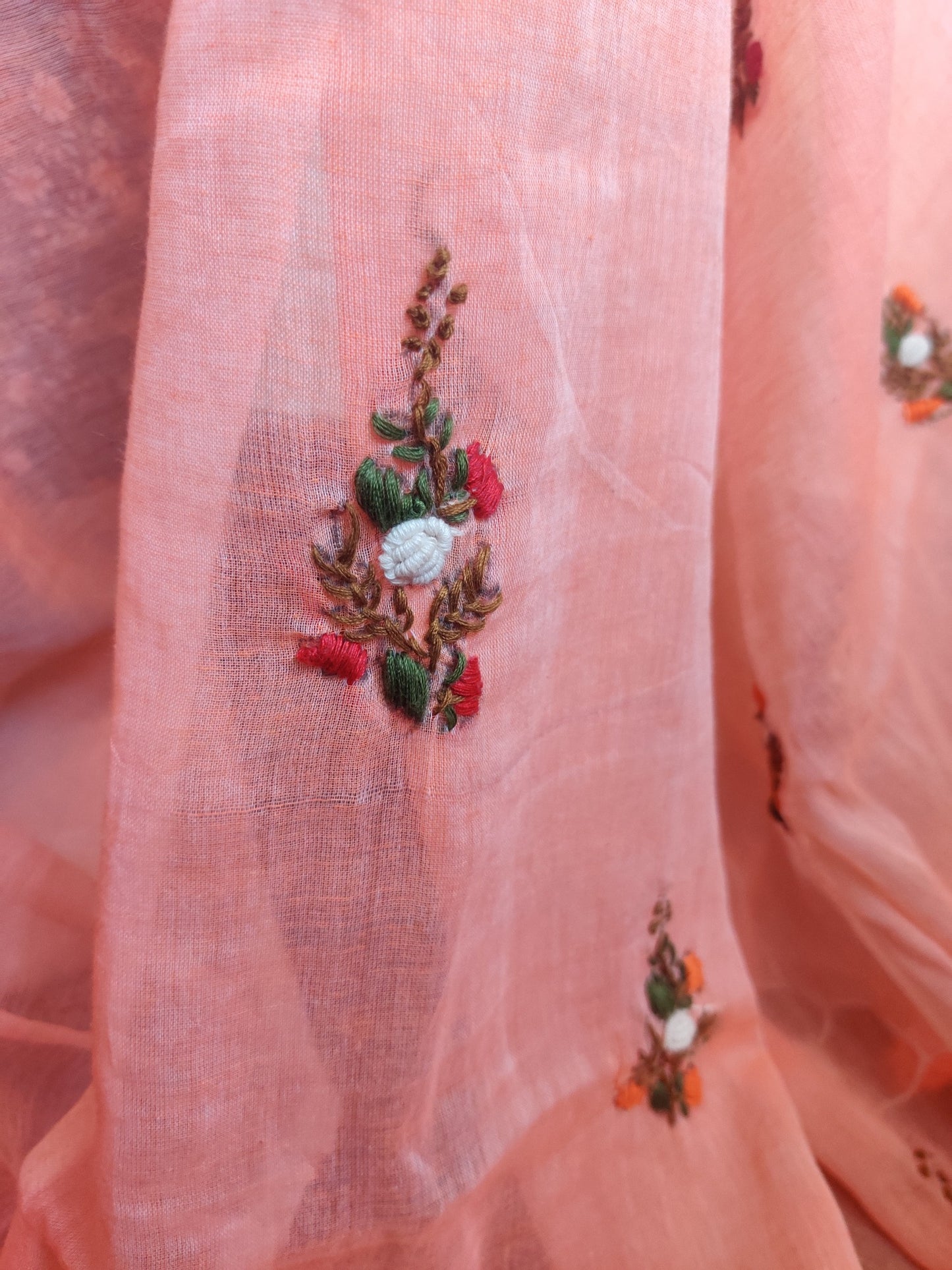 PINK HAND EMBROIDERED MUL SAREE
