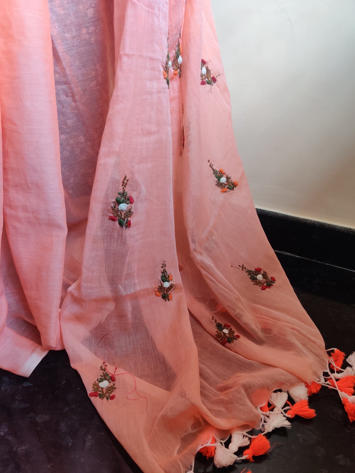 PINK HAND EMBROIDERED MUL SAREE