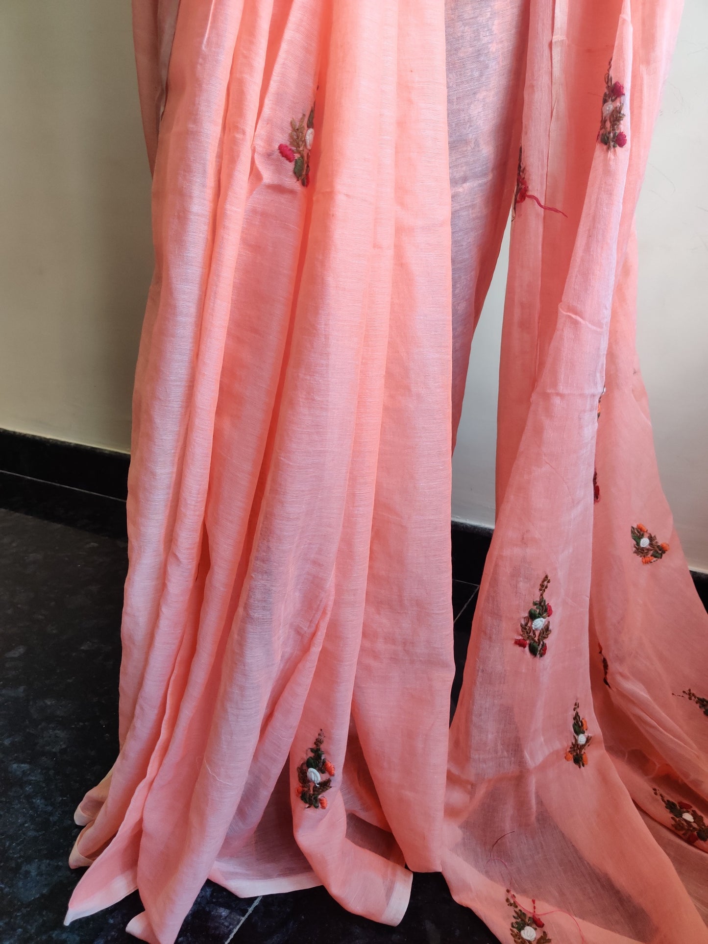 PINK HAND EMBROIDERED MUL SAREE