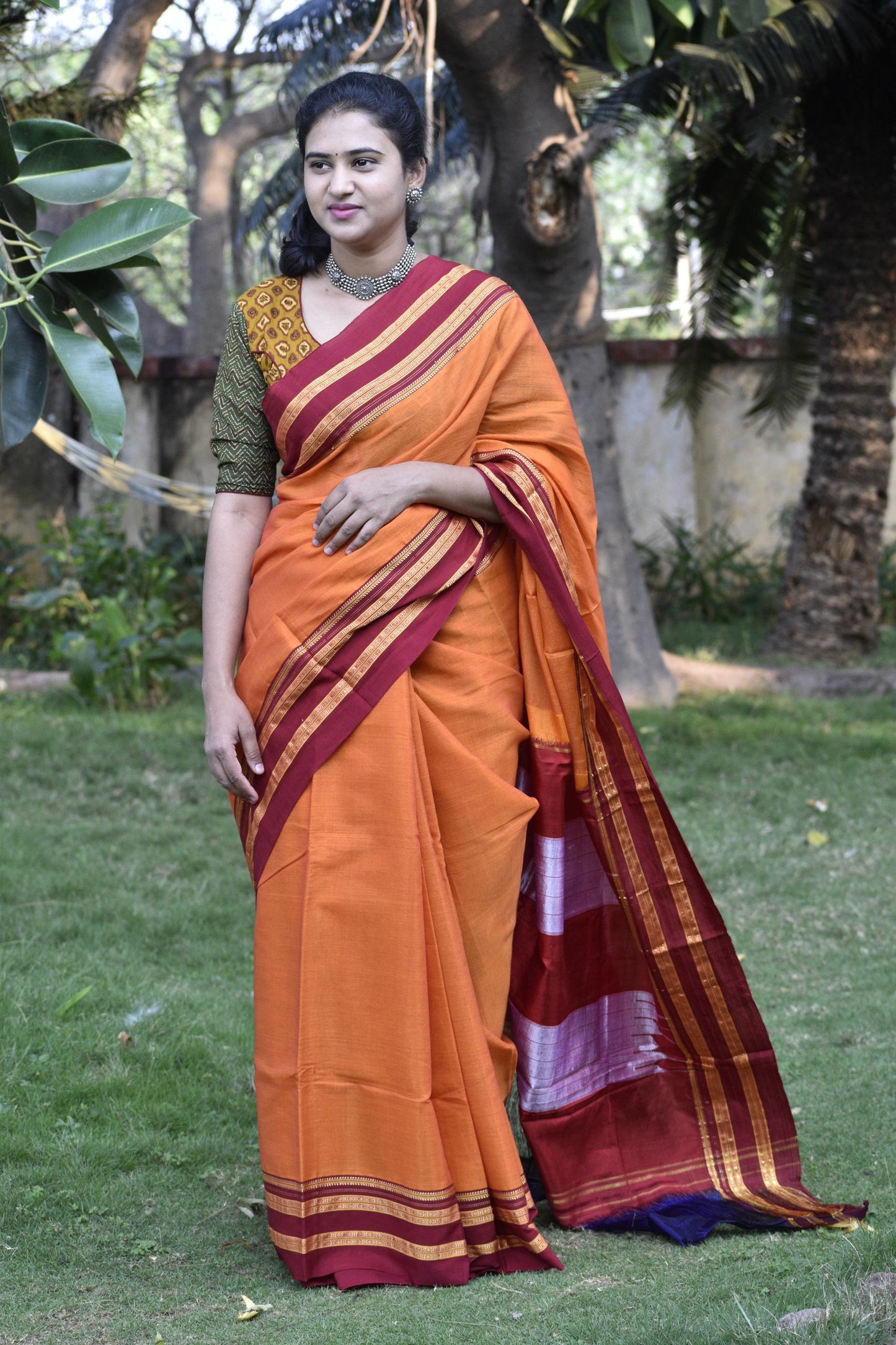 ORANGE HANDLOOM ILKAL SAREE.