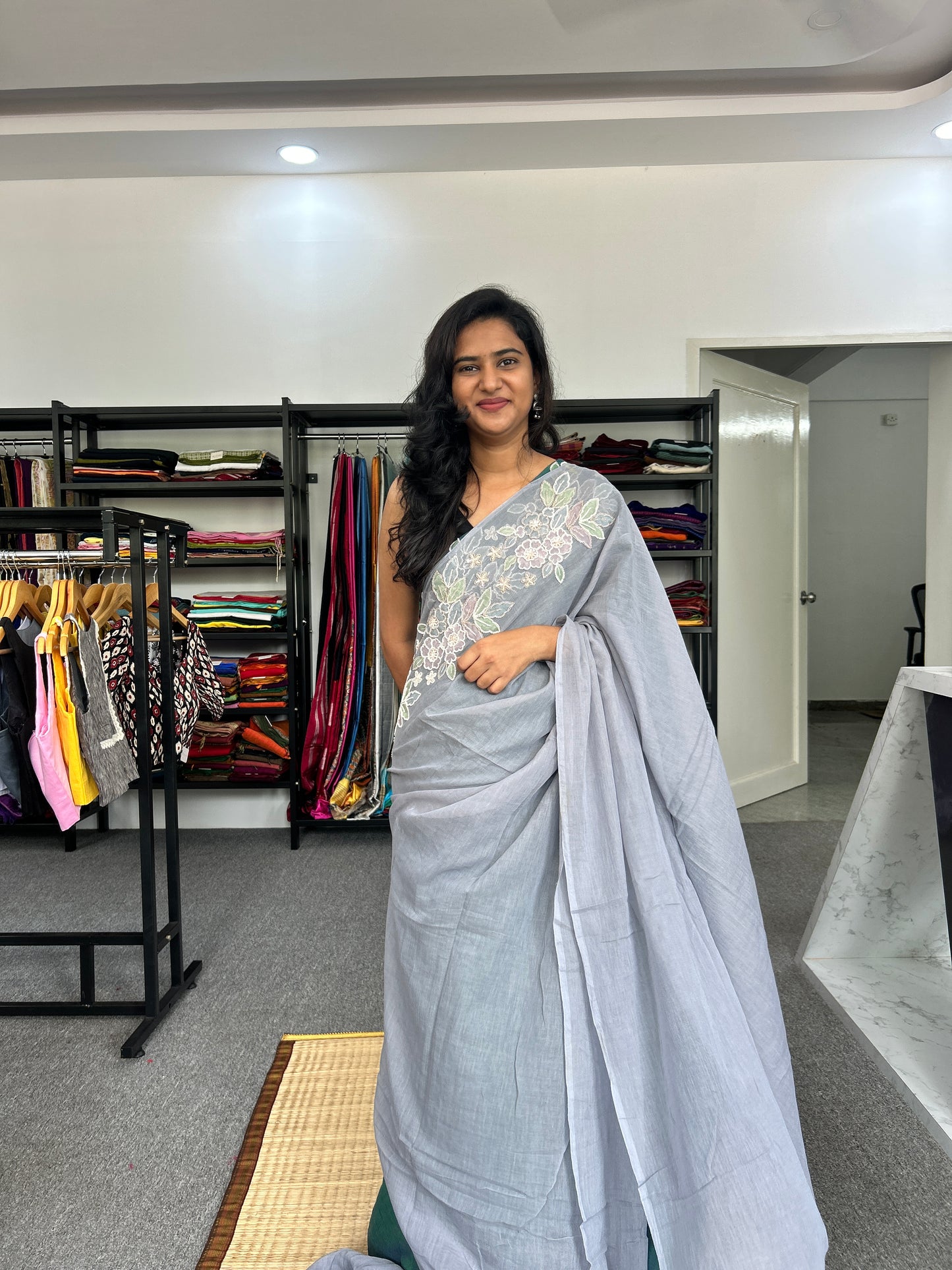 GREY SEQUIN MUL SAREE