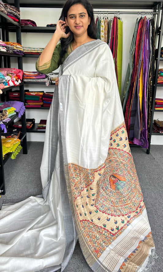 WHITE MADHUBANI SILK SAREE