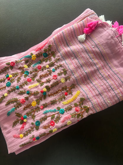 PINK EMBROIDERY MUL SAREE