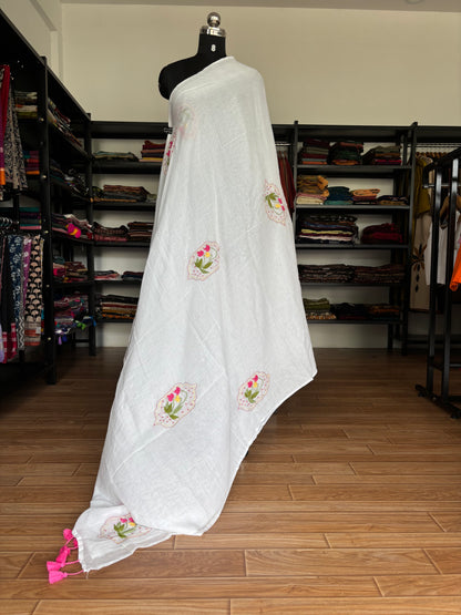 WHITE EMBROIDERED MUL SAREE