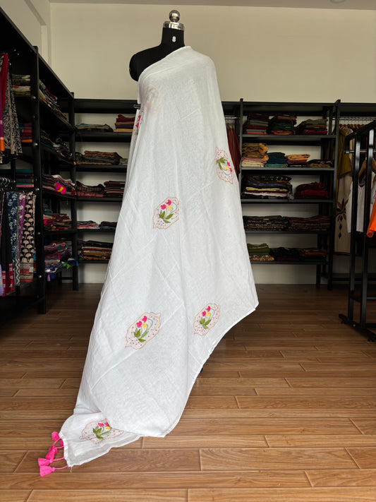 WHITE EMBROIDERED MUL SAREE