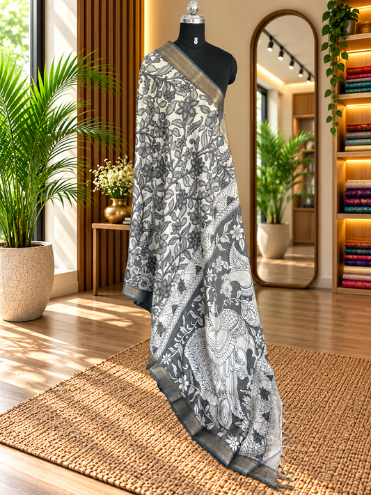 White kalamkari saree