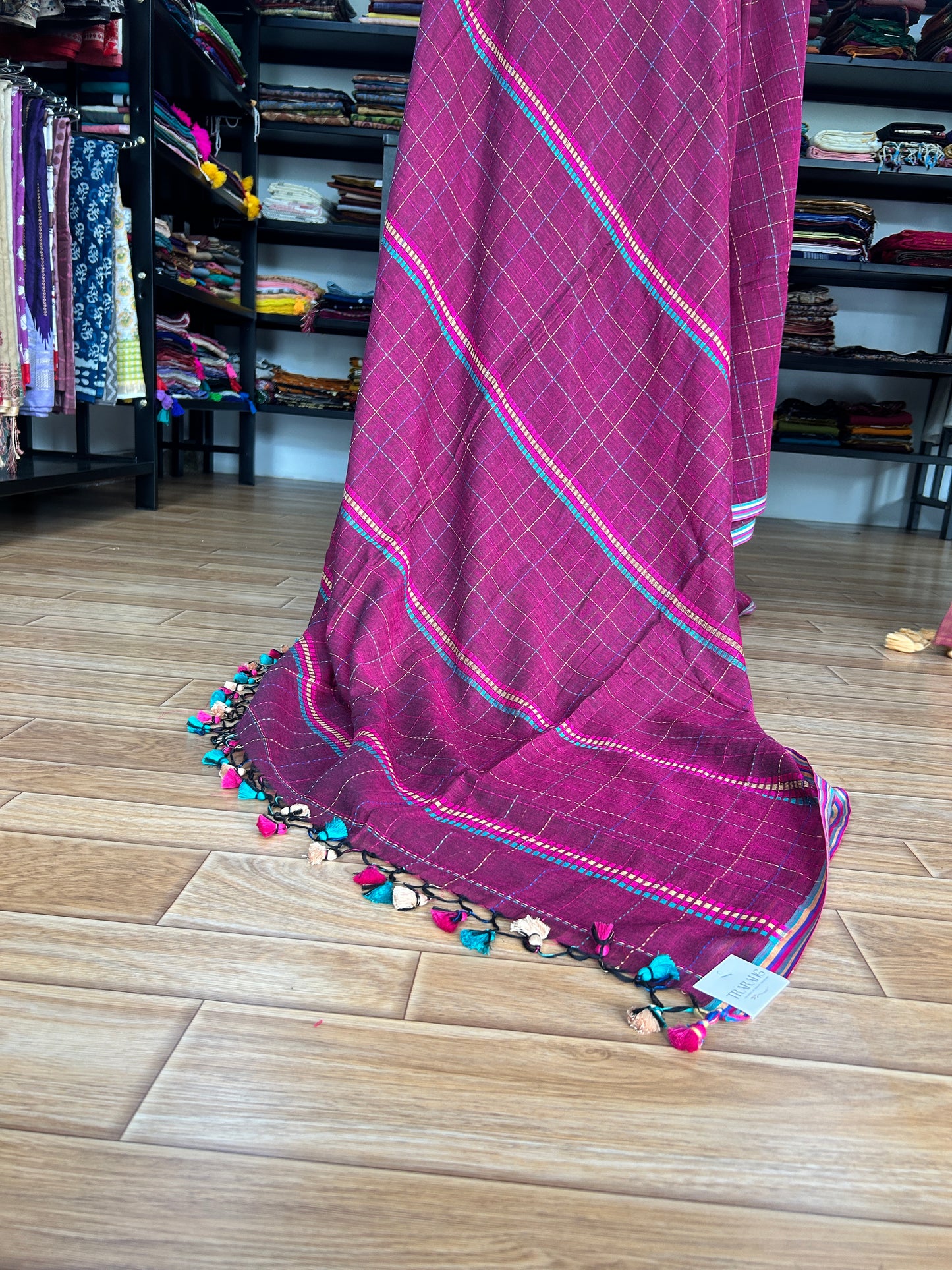 PINK KATHA CHECKS  MUL SAREE