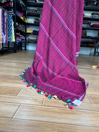 PINK KATHA CHECKS  MUL SAREE