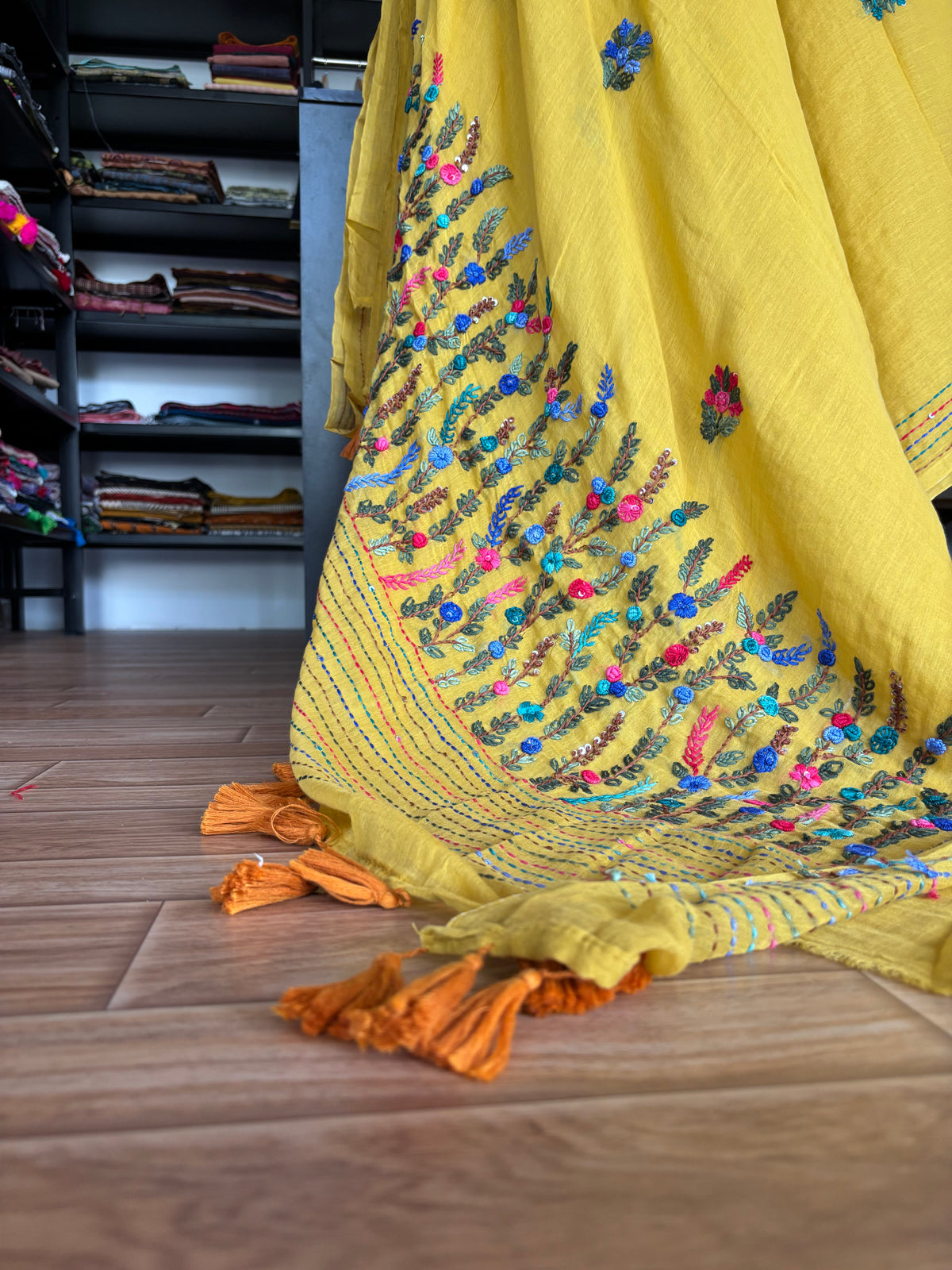 YELLOW EMBROIDERED MUL SAREE