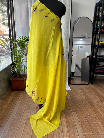 YELLOW EMBROIDERED MUL SAREE