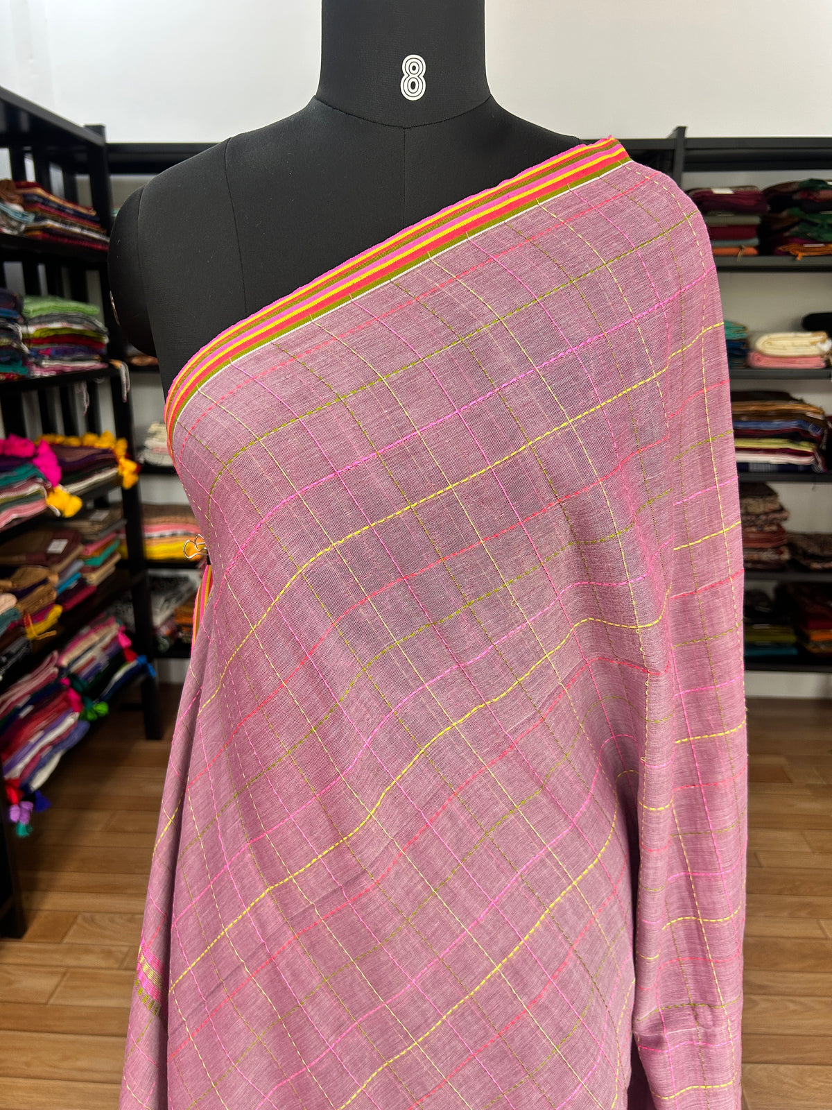 PINK KATHA CHECKS  MUL SAREE