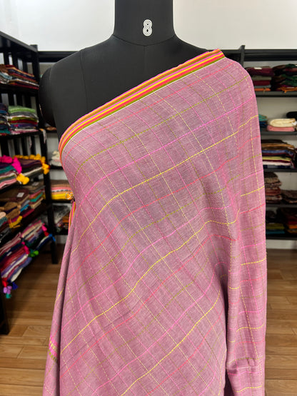 PINK KATHA CHECKS  MUL SAREE