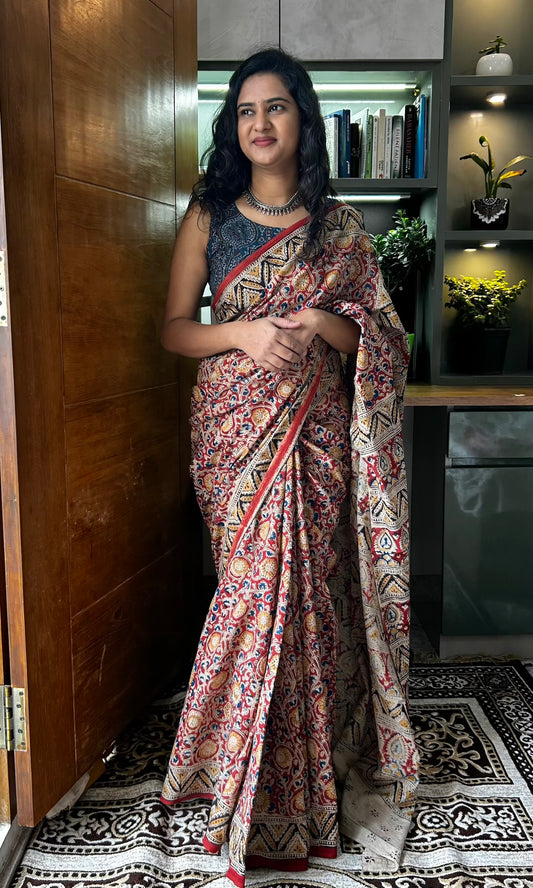 Red kalamkari mul saree