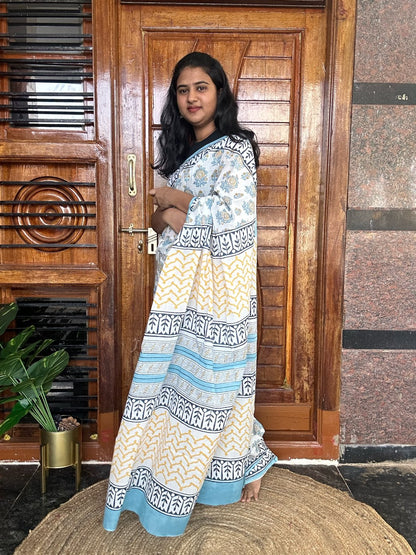 White handblock mulmul cotton saree