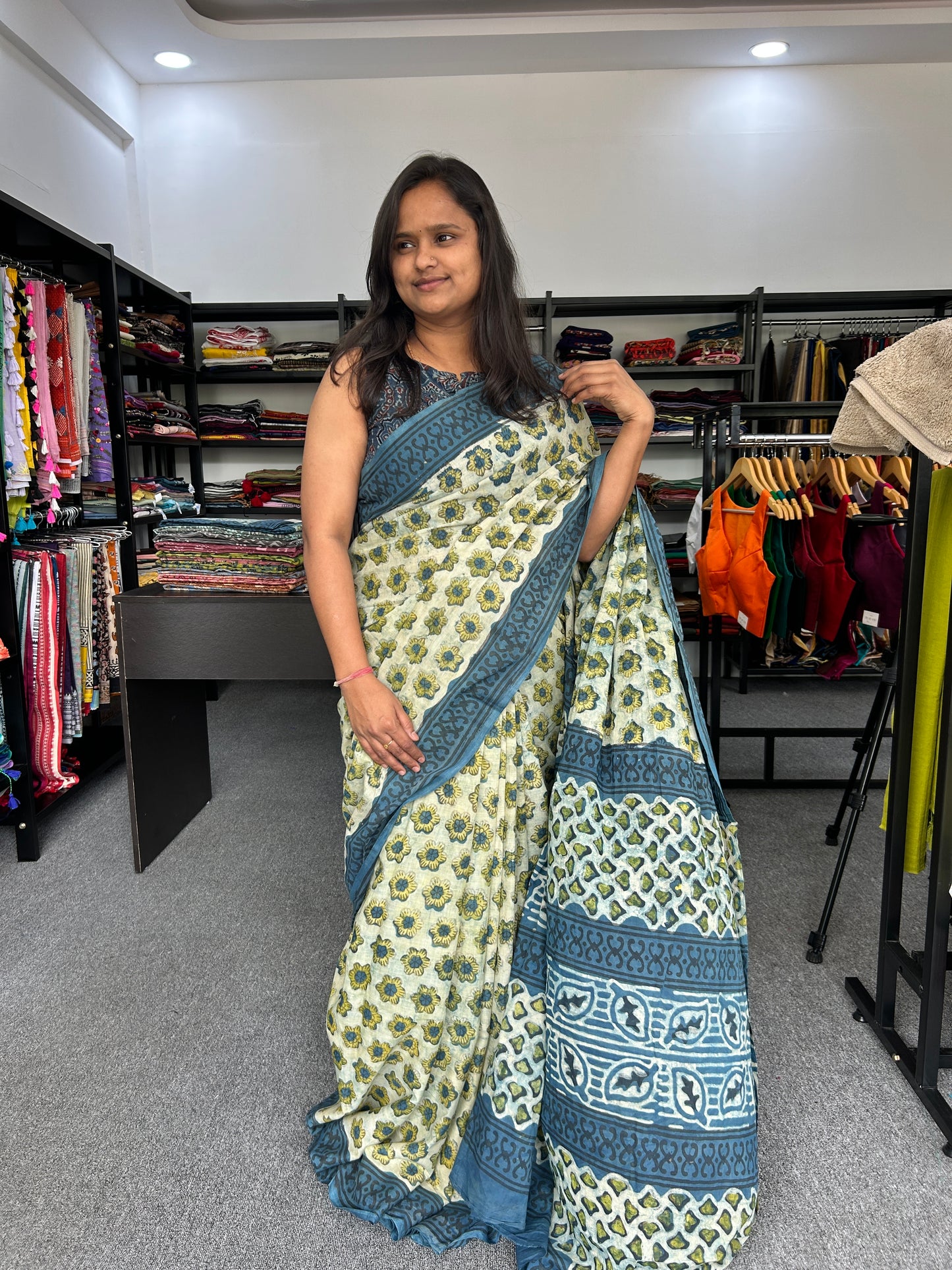 BLUE AJRAKH MUL SAREE