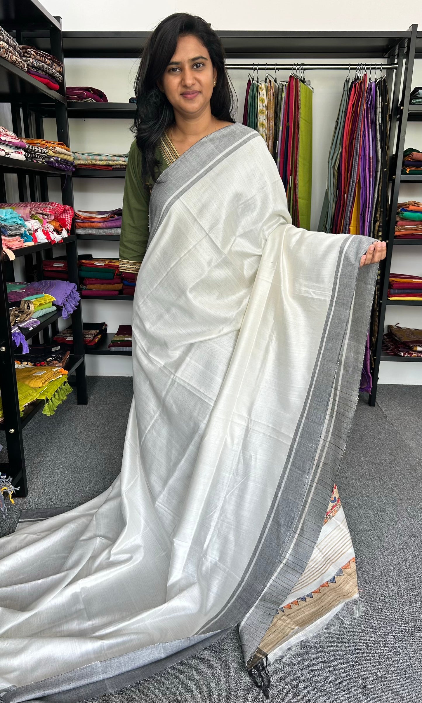 WHITE MADHUBANI SILK SAREE