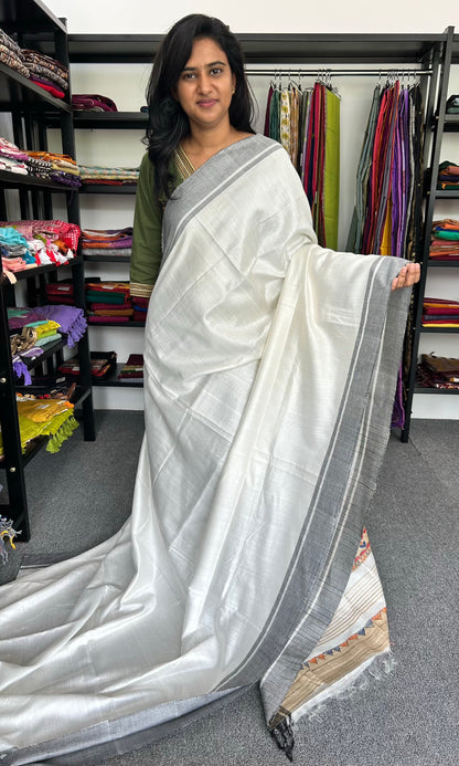 WHITE MADHUBANI SILK SAREE