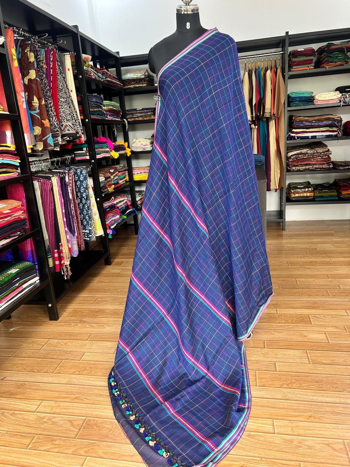 BLUE KATHA CHECKS  MUL SAREE