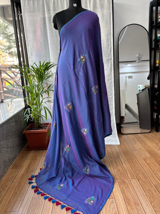 NAVY BLUE EMBROIDERED MUL SAREE