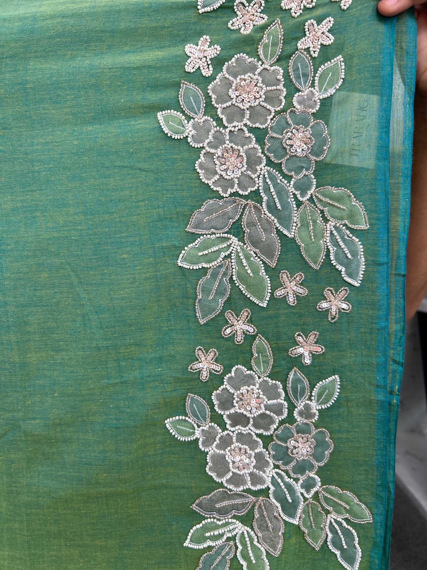 GREEN SEQUIN MUL SAREE
