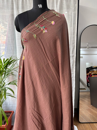 BROWN EMBROIDERED MUL SAREE