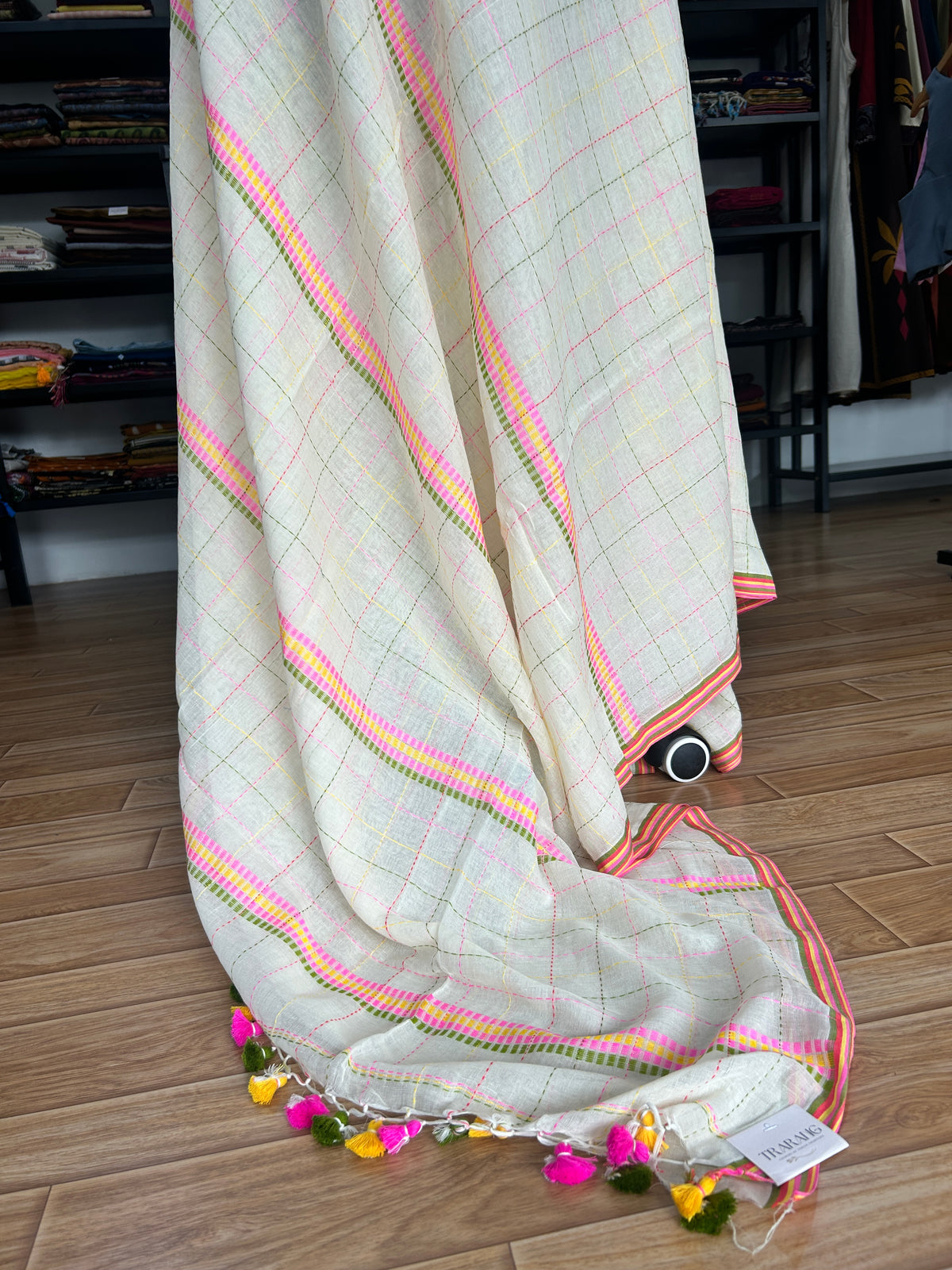 WHITE KATHA CHECKS  MUL SAREE